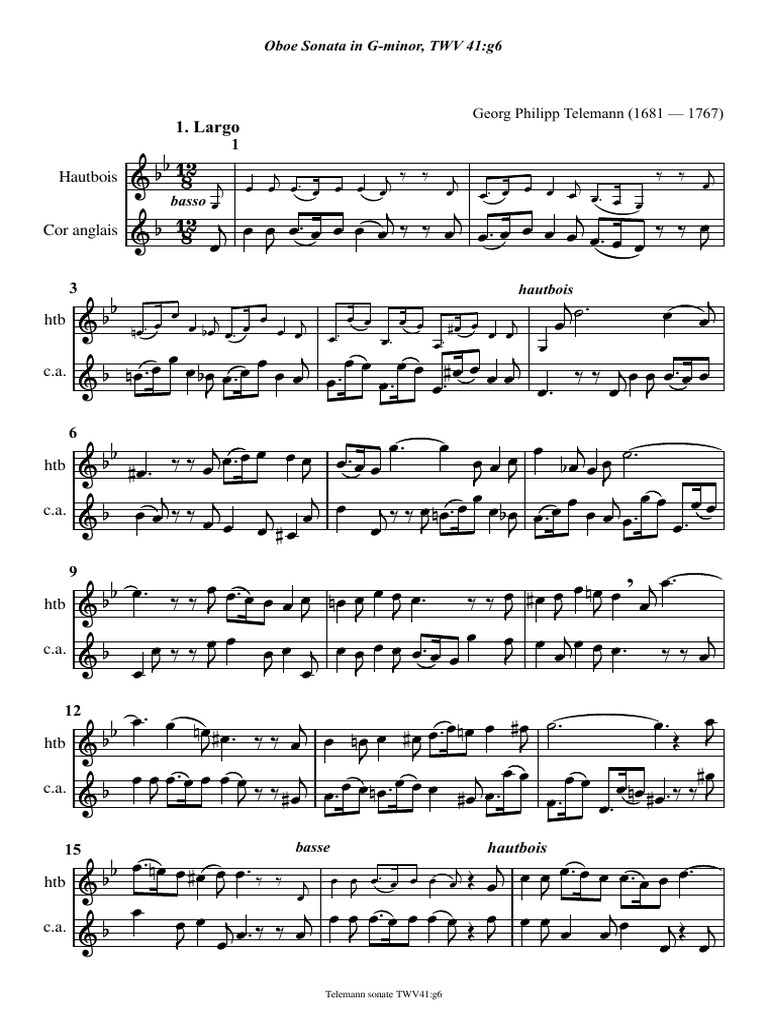 Telemann Oboe Sonata TWV 41:g6 | PDF | Woodwind Instruments