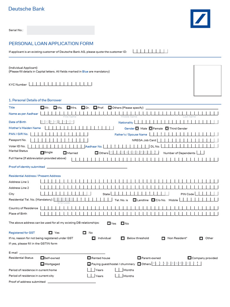 Deutsche Bank Personal Loan Application Form | PDF | Interest | Loans