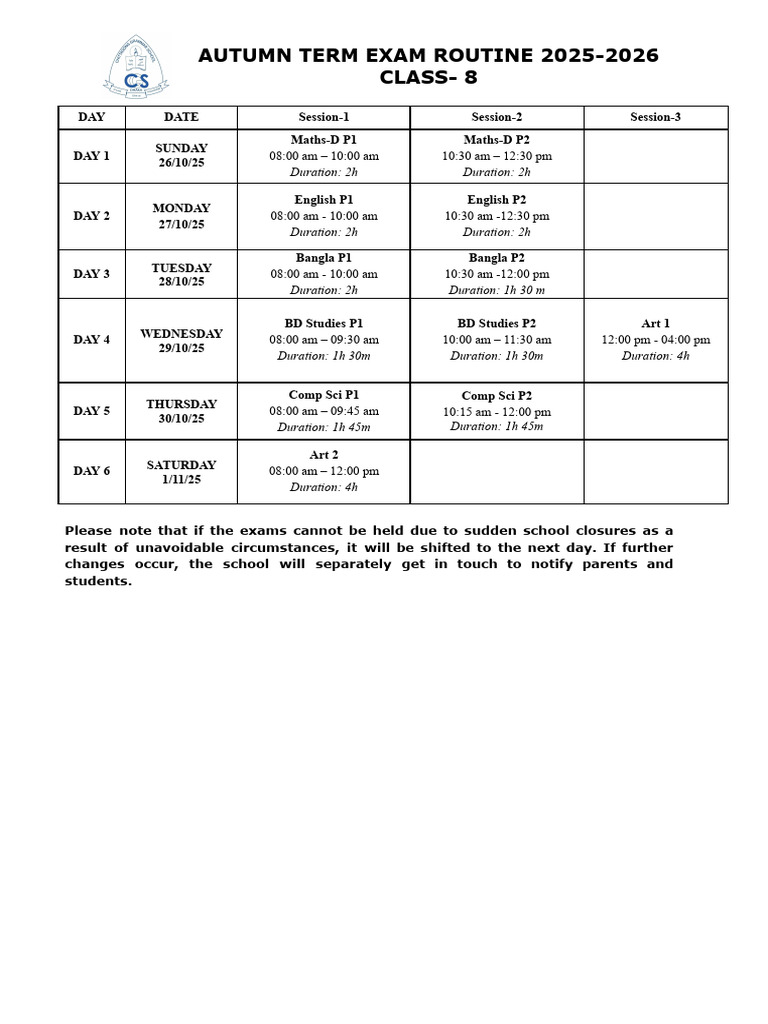 Class 8 Exam Routine 2025 Bangladesh | PDF