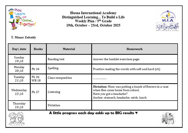 Grade 5 Weekly Plan 19th Oct - 23rd Oct | PDF