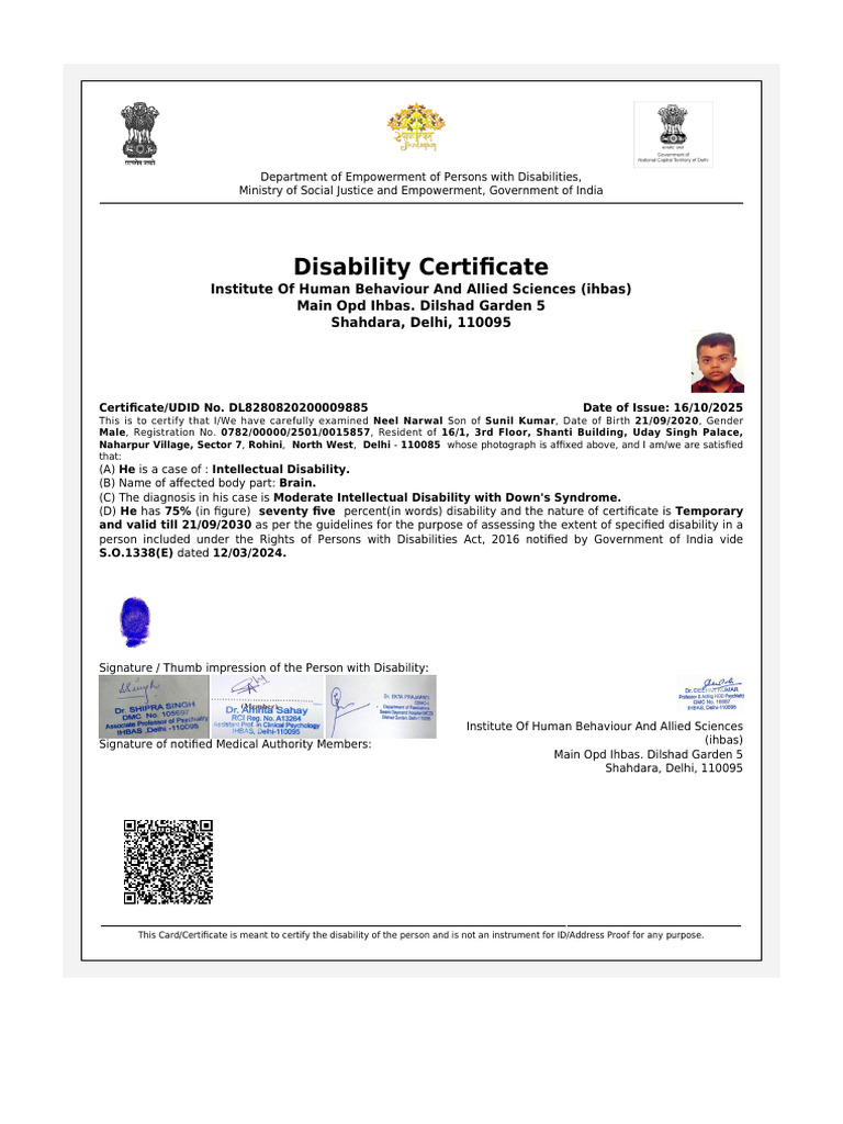 Disability Certificate for Neel Narwal | PDF