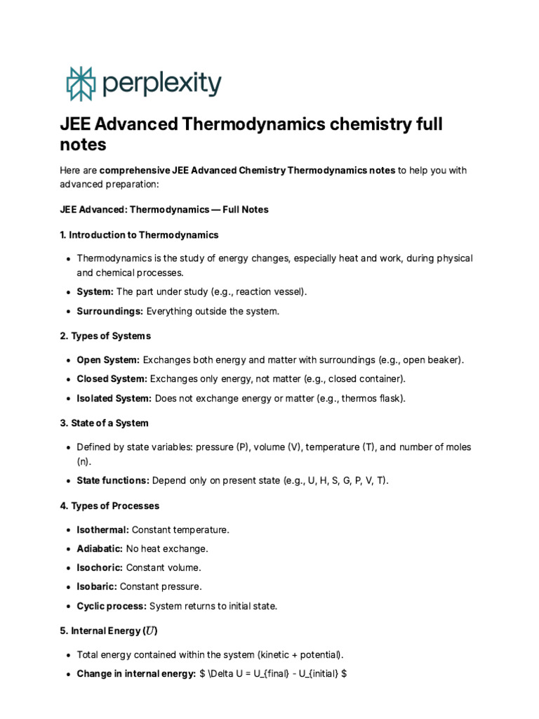 JEE Advanced Thermodynamics Notes | PDF | Enthalpy | Entropy