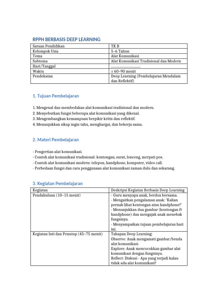 RPPH Deep Learning Alat Komunikasi | PDF
