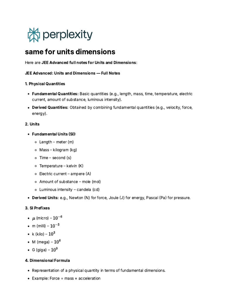 JEE Units and Dimensions Notes | PDF | International System Of Units ...