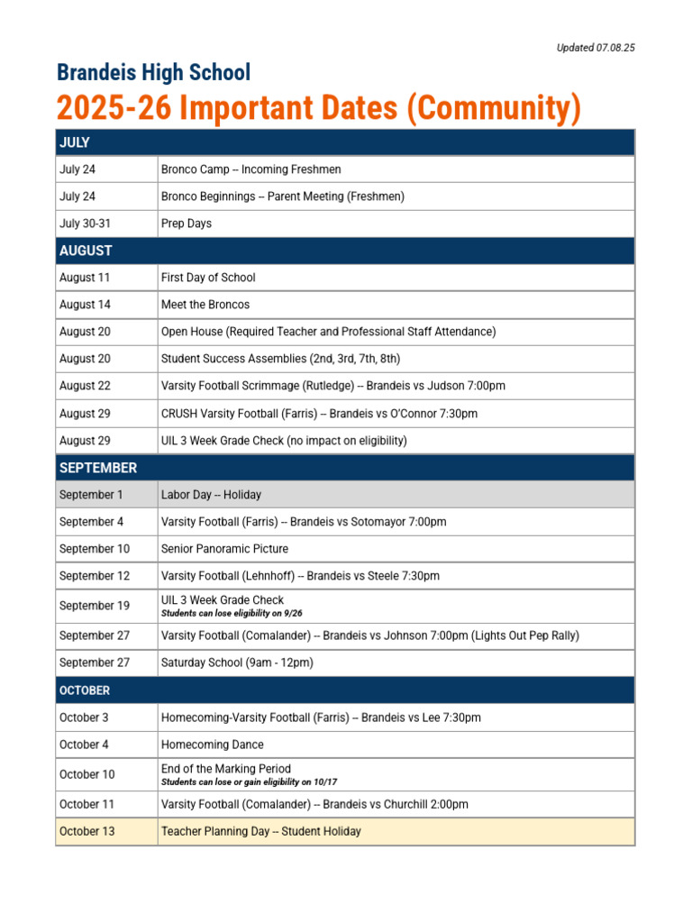 Brandeis High School 2025-26 Calendar | PDF | Evaluation Methods | Qualifications