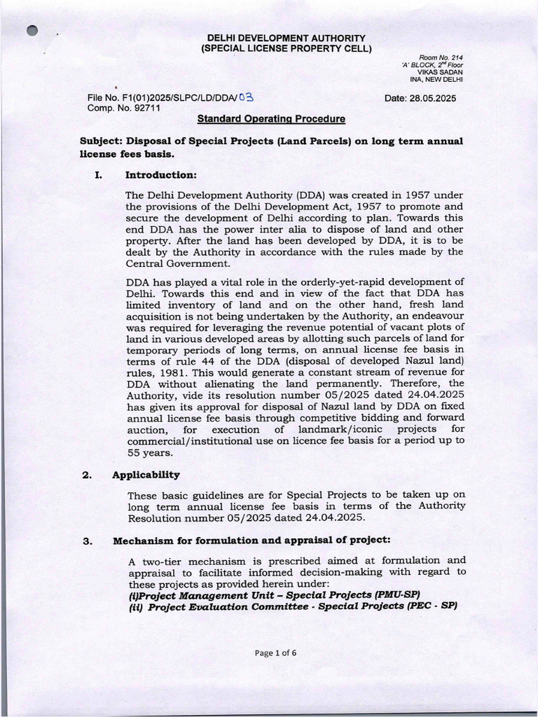 DDA Special Projects License SOP | PDF | Delhi