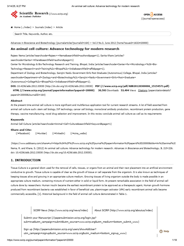 An Animal Cell Culture - Advance Technology For Modern Research | PDF ...