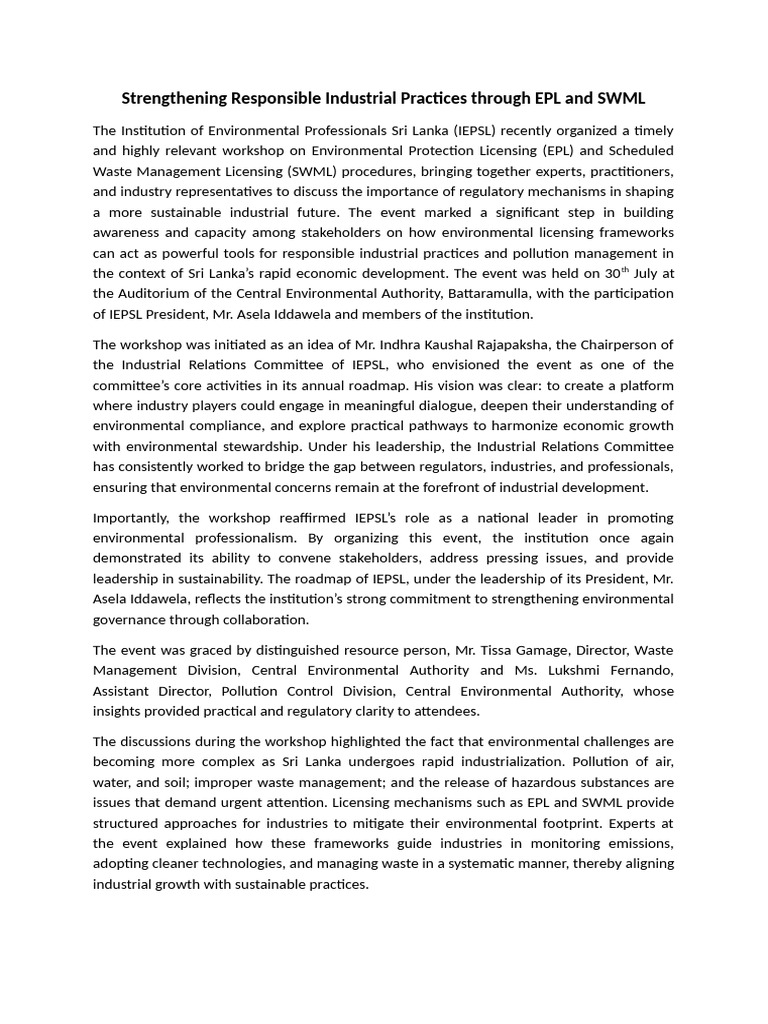 EPL and SWML Workshop for Sustainable Industry | PDF | Sustainability ...