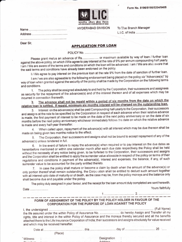 LIC Policy Loan Application Form | PDF | Interest | Loans