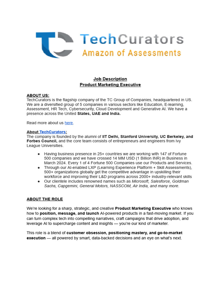 Product Marketing JD TC | PDF | Digital Marketing | Artificial Intelligence