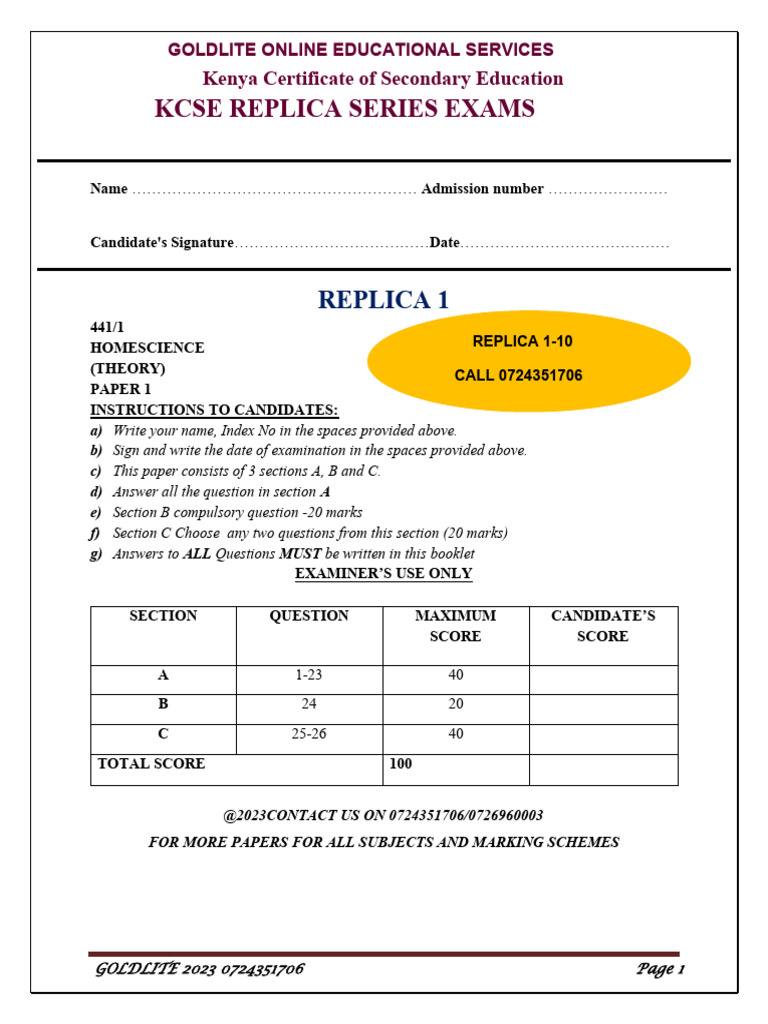 KCSE Replica Exams: Home Science Paper | PDF