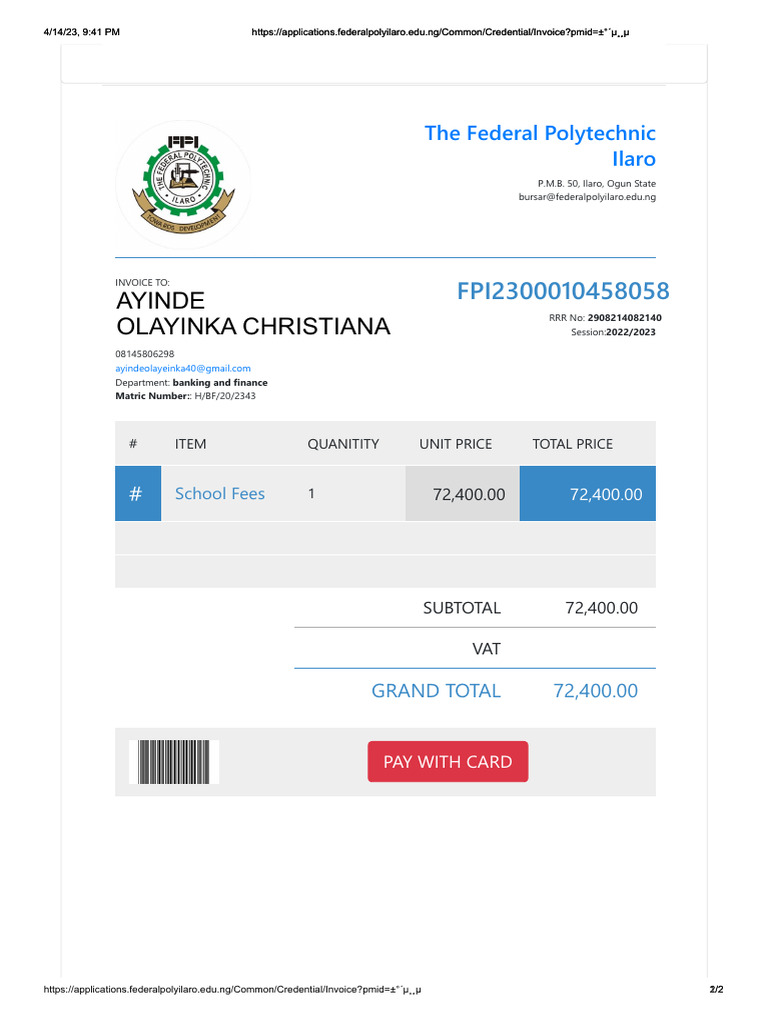 Federal Polytechnic Ilaro School Fees Invoice | PDF