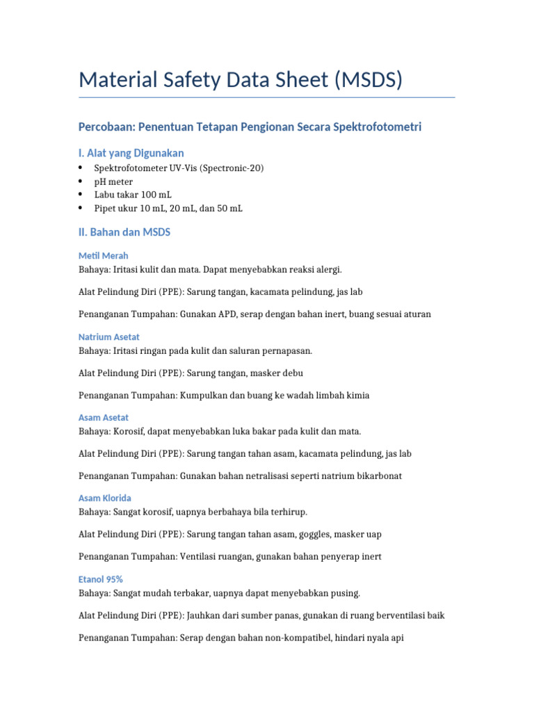 MSDS dan Prosedur Keselamatan Lab | PDF