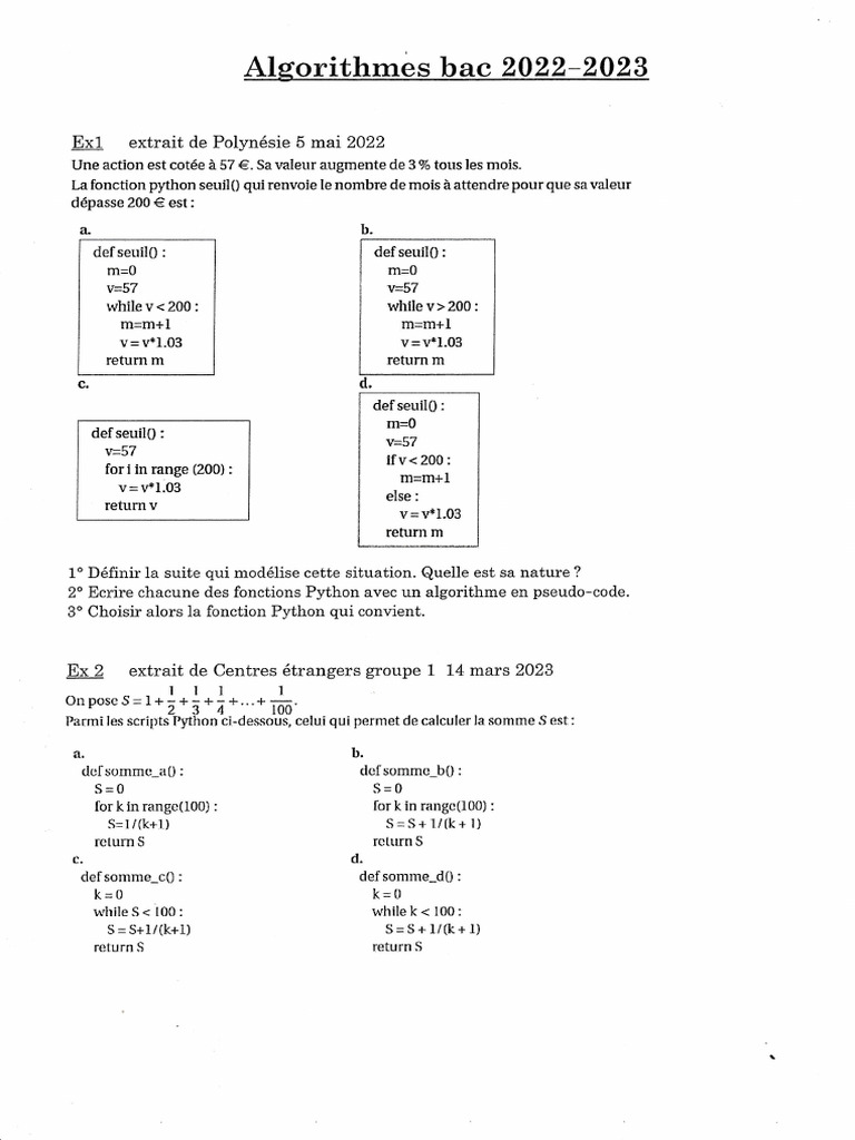 Algorithmes Python Bac 2022-2023 | PDF
