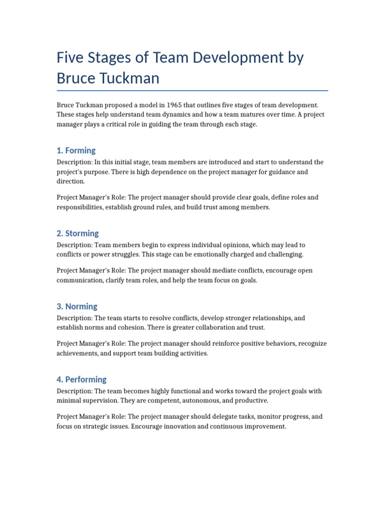 Tuckman's Five Stages of Team Development | PDF