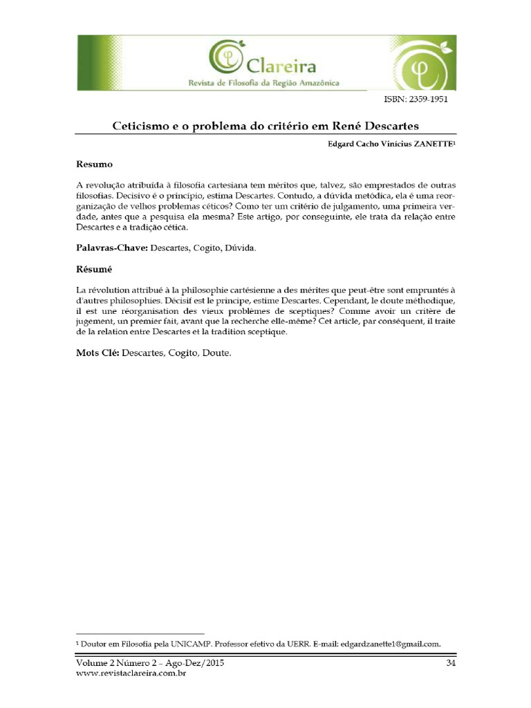 Zanette - Ceticismo e o Problema Do Critério em René Descartes | PDF