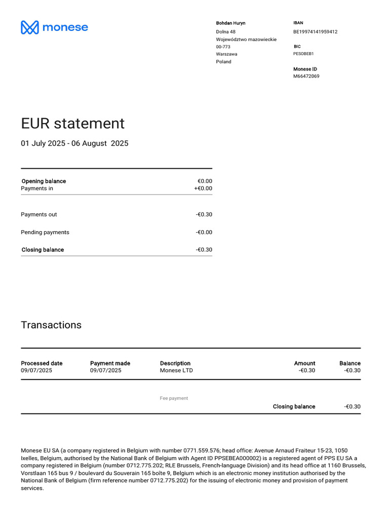 Monese Statement 01july 2025 - 06 August 2025 | PDF | Services ...