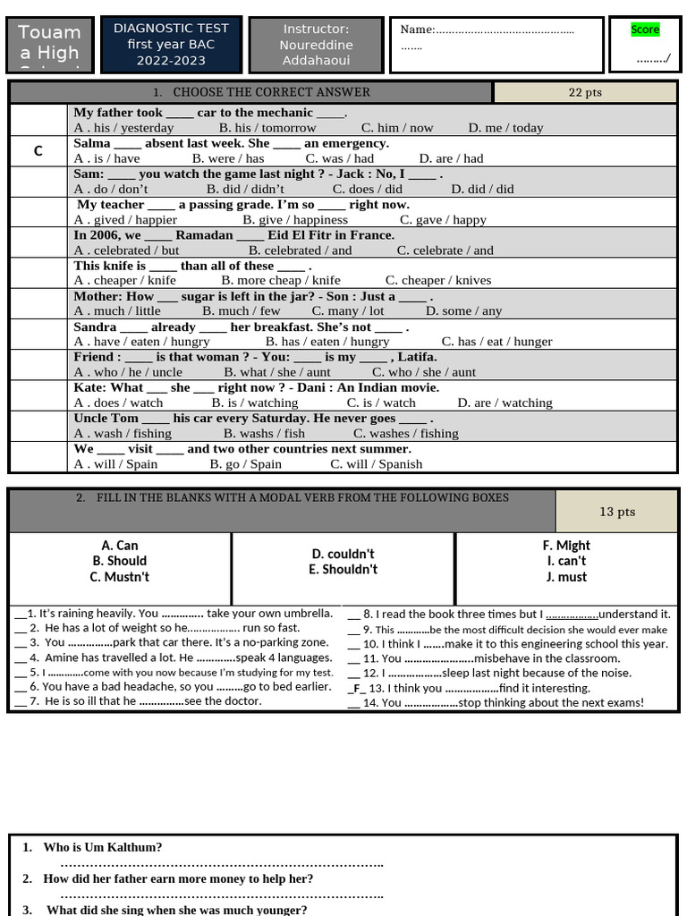 English Language Diagnostic Test | PDF