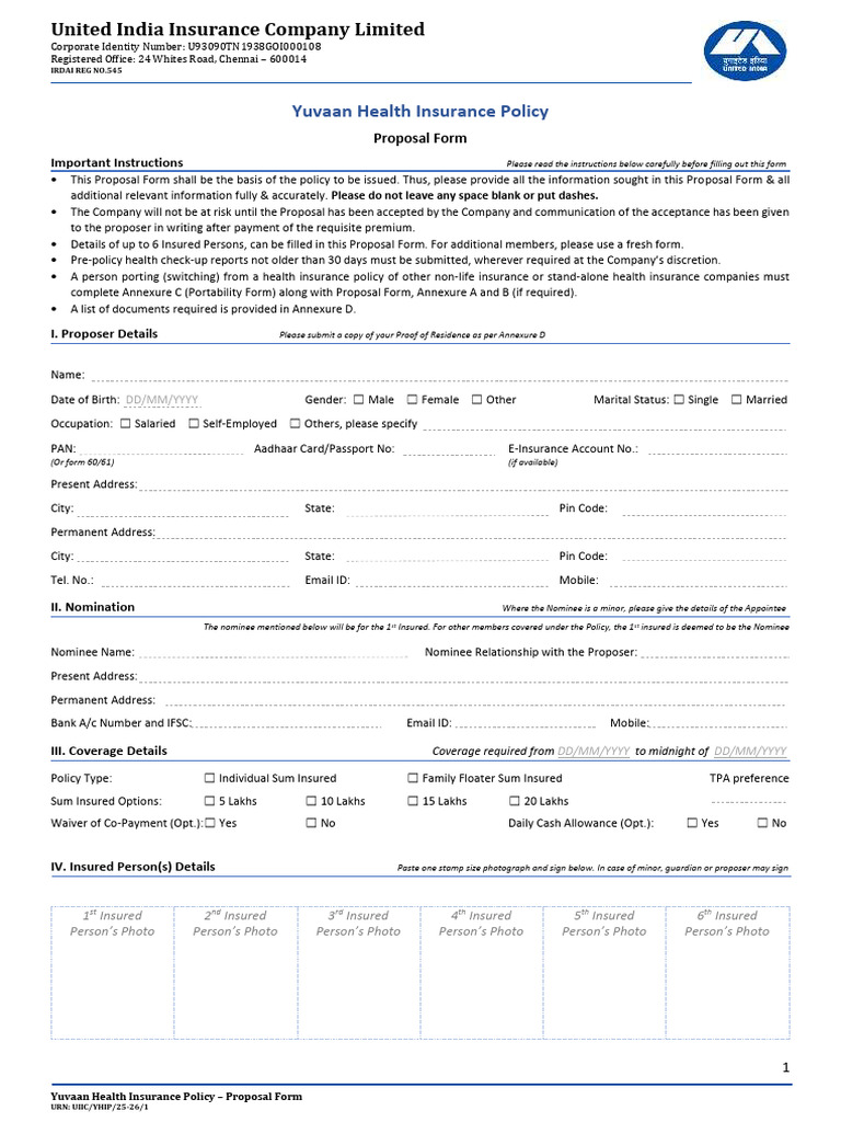 Yuvaan Health Insurance Proposal Form | PDF | Myocardial Infarction ...
