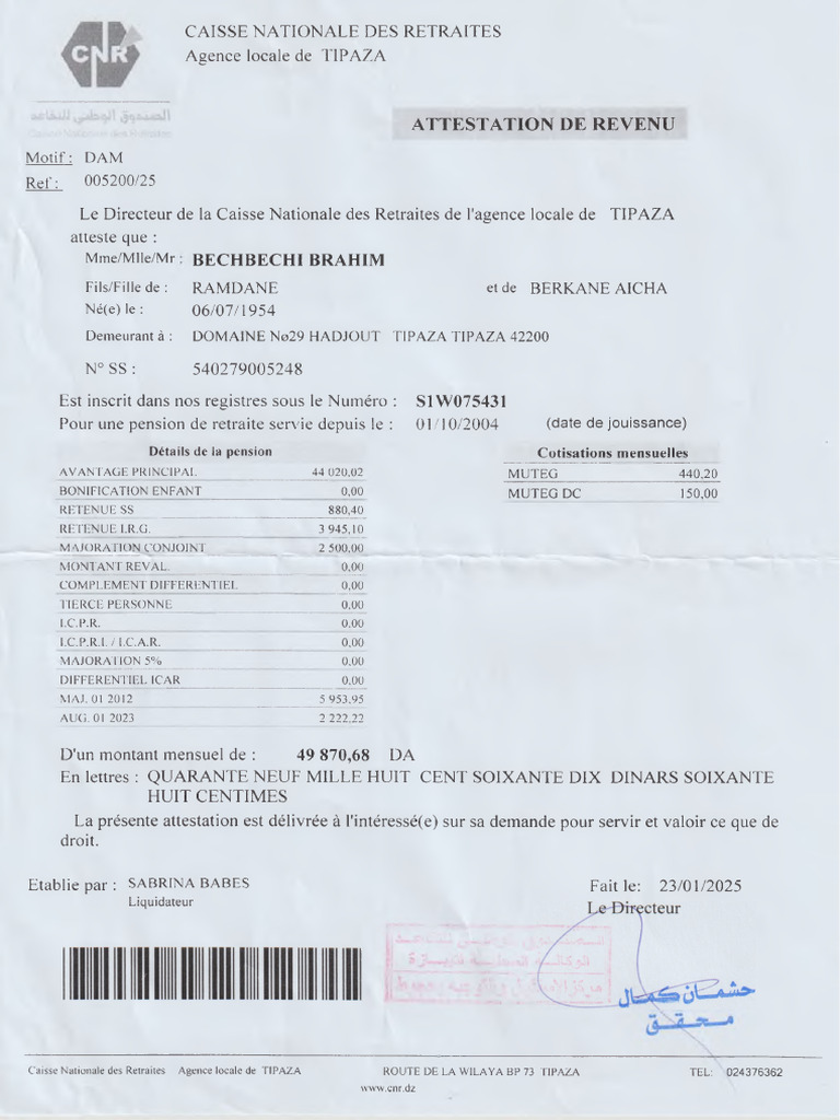 Attestation de revenu retraite TIPAZA | PDF | Retraite | Démographie ...