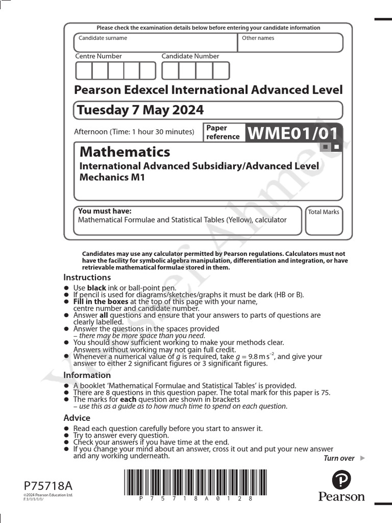 Mechanics M1 Exam Paper P75718A | PDF | Mathematics | Calculator