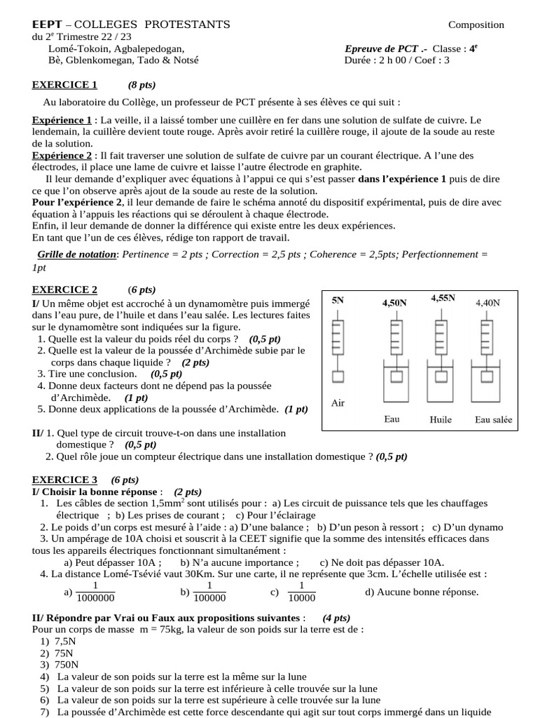 Évaluation PCT 4e - 2e Trimestre | PDF | Poids | Grandeur physique