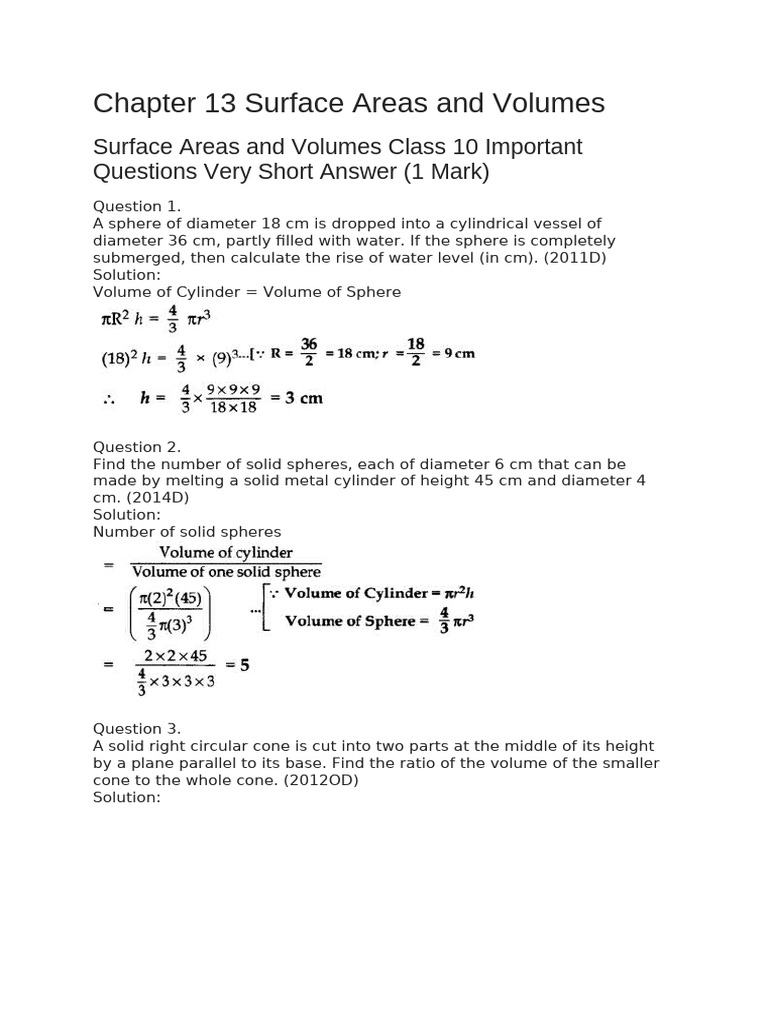 Class 10 Surface Areas & Volumes Q&A | PDF | Sphere | Volume
