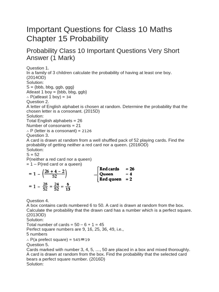 Class 10 Maths Probability Questions | PDF | Probability | Dice