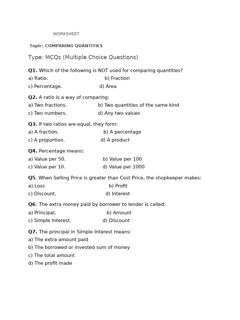 Comparing Quantities MCQs Worksheet | PDF