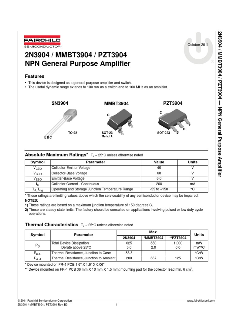 2N3904 Datasheet Bipolar Junction Transistor