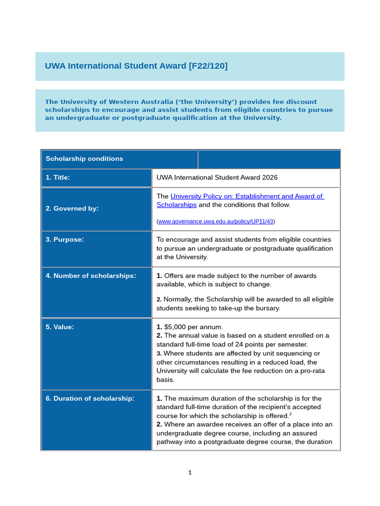 UWA International Student Award 2026 | PDF | Academic Degree ...