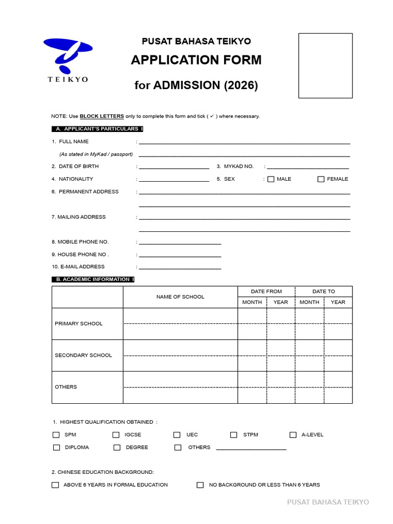 Pusat Bahasa Teikyo Admission Form 2026 | PDF | Schools | Educational ...