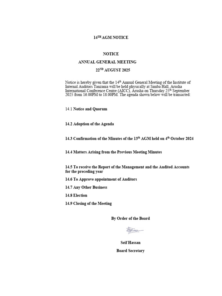14th AGM Notice for IIA Tanzania | PDF | Audit | Internal Audit