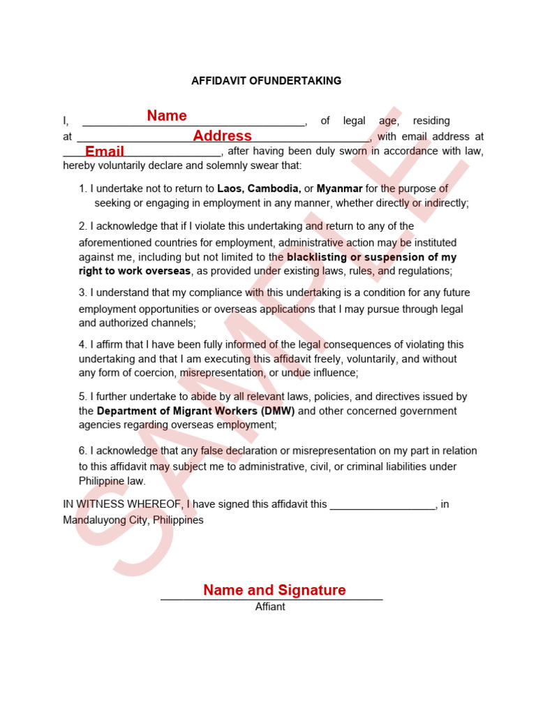 Affidavit of Undertaking for Employment | PDF