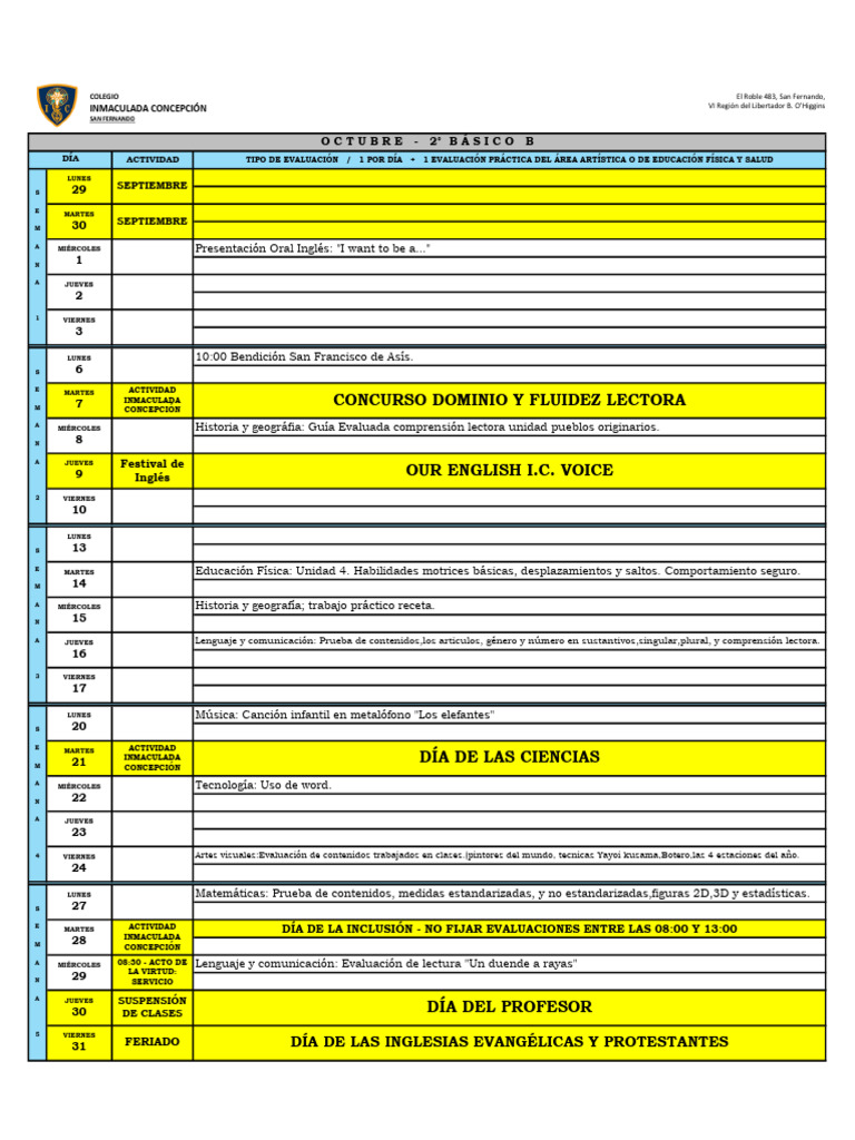 Planificación Semanal de Evaluaciones Escolar | PDF
