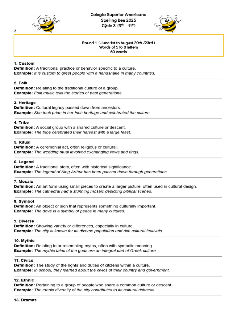 Spelling Bee 2025 Vocabulary List | PDF | Dances | Museum