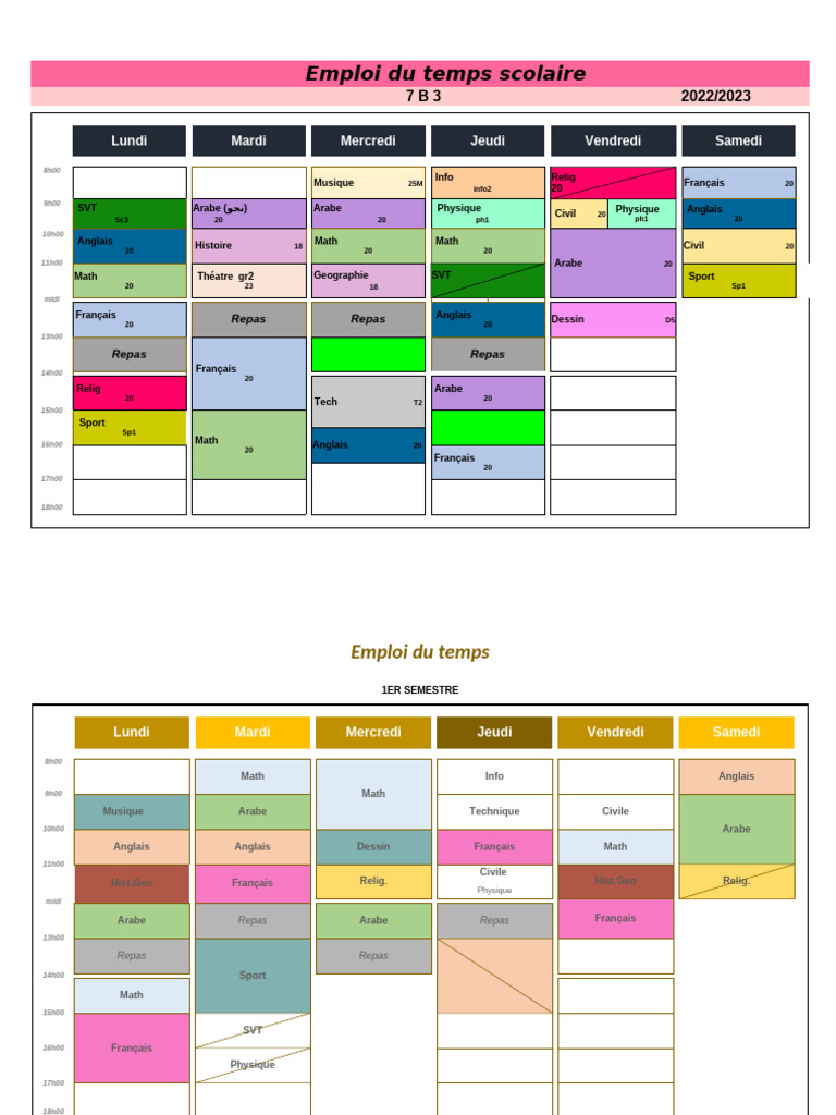Emploi du temps scolaire 2022/2023 | PDF