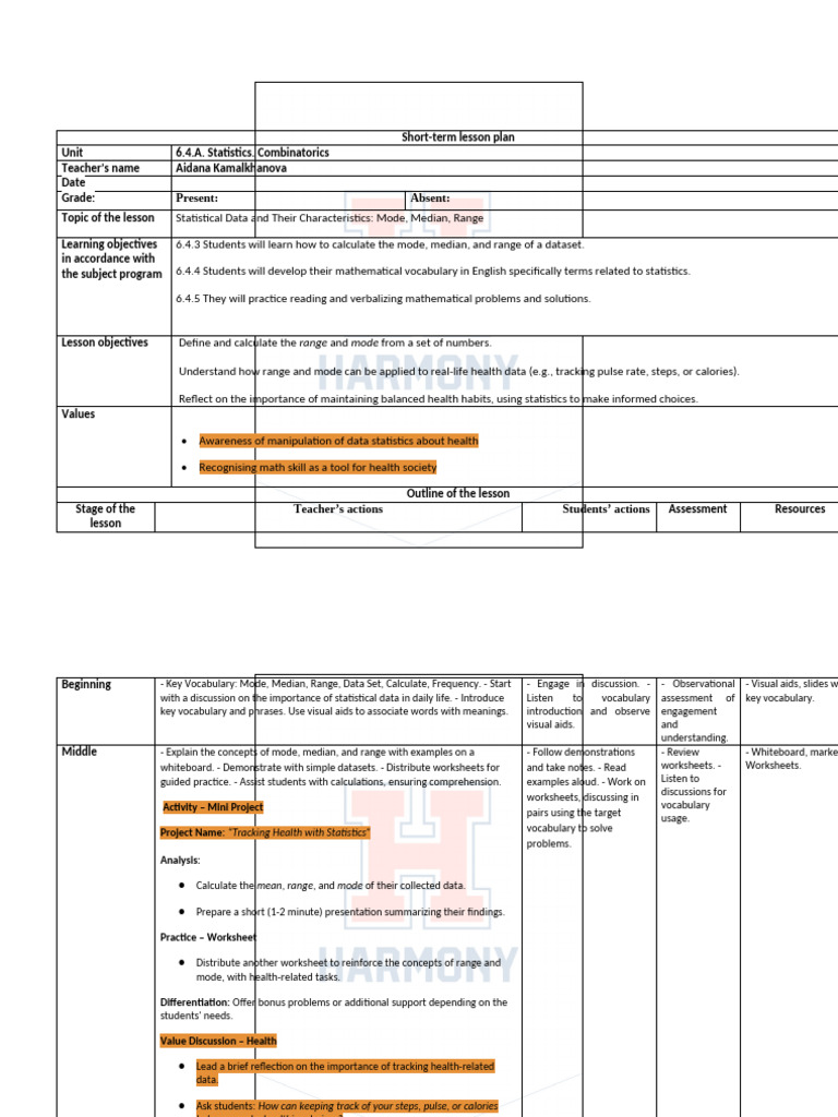 Statistics Lesson Plan: Mode, Median, Range | PDF | Statistics | Mode ...