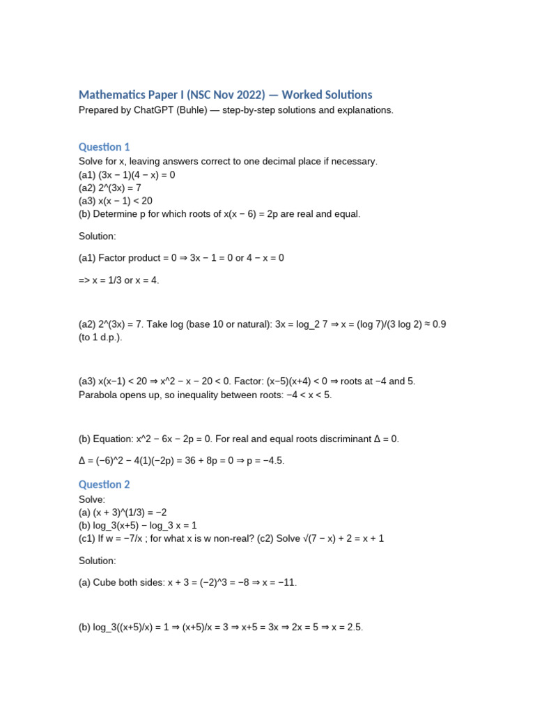 NSC Nov 2022 Mathematics Solutions | PDF | Mathematics