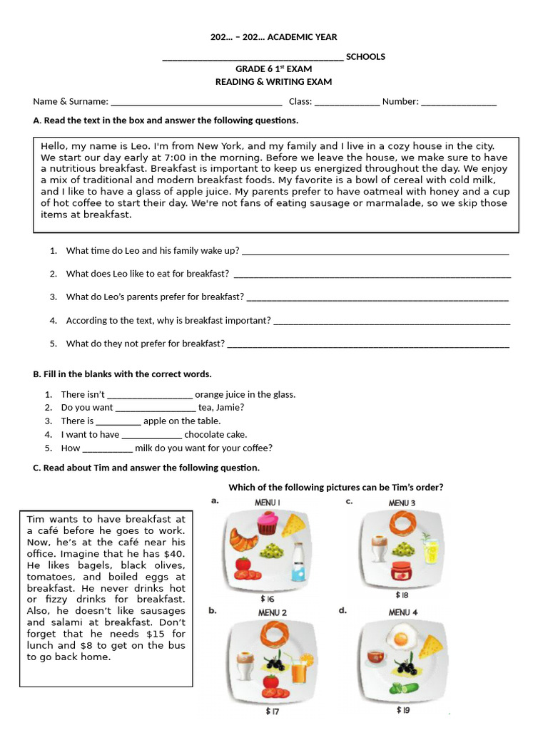 Grade 6 Reading Comprehension Exam | PDF | Salad | Meal