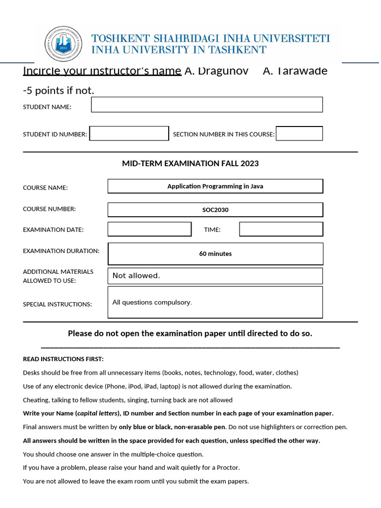 Mid-Term Exam Instructions for SOC2030 | PDF | Java (Programming ...