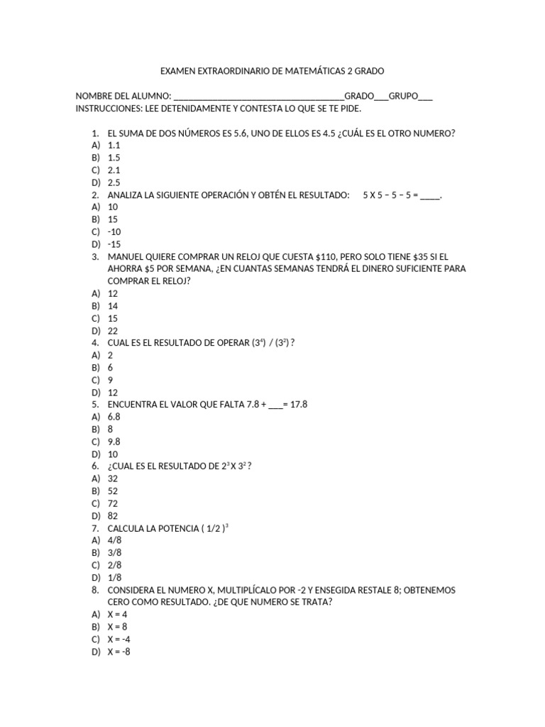 Examen Extraordinario de Matemáticas 2 Grado | PDF | Sistema de ...