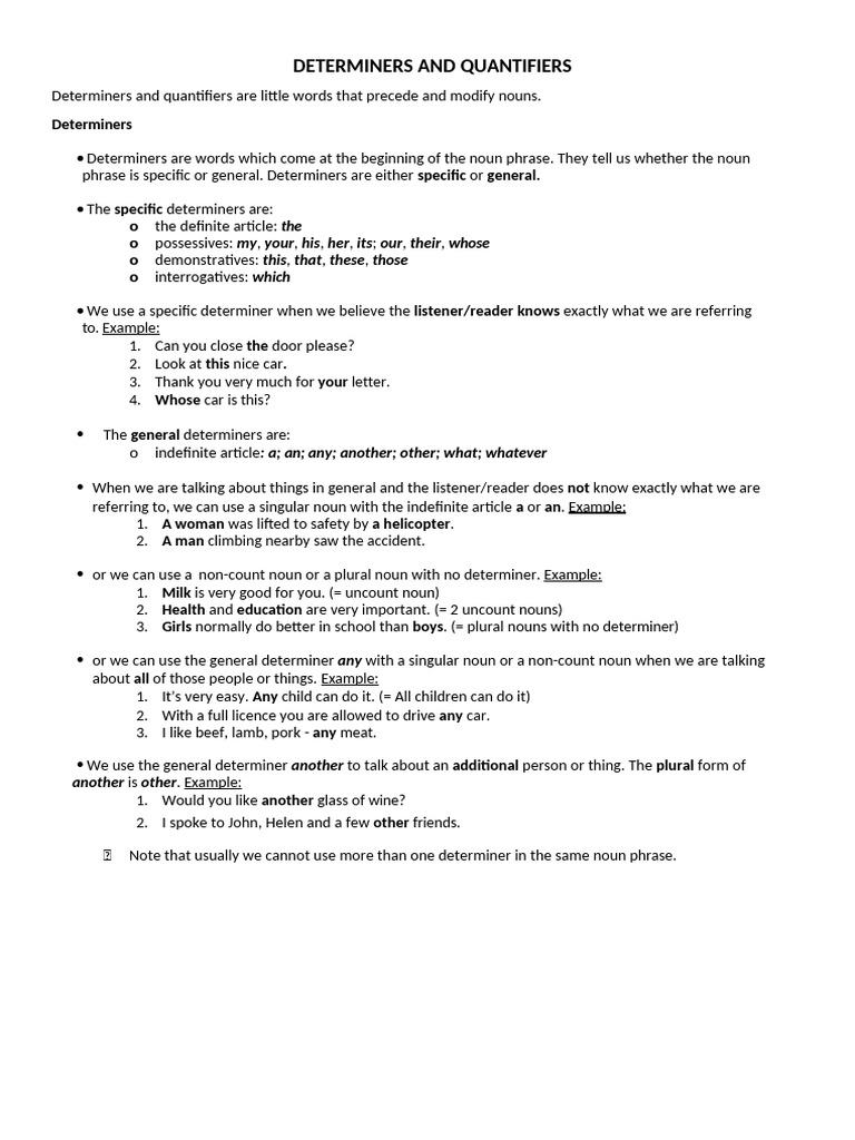 Understanding Determiners and Quantifiers | PDF | Noun | Grammatical Number