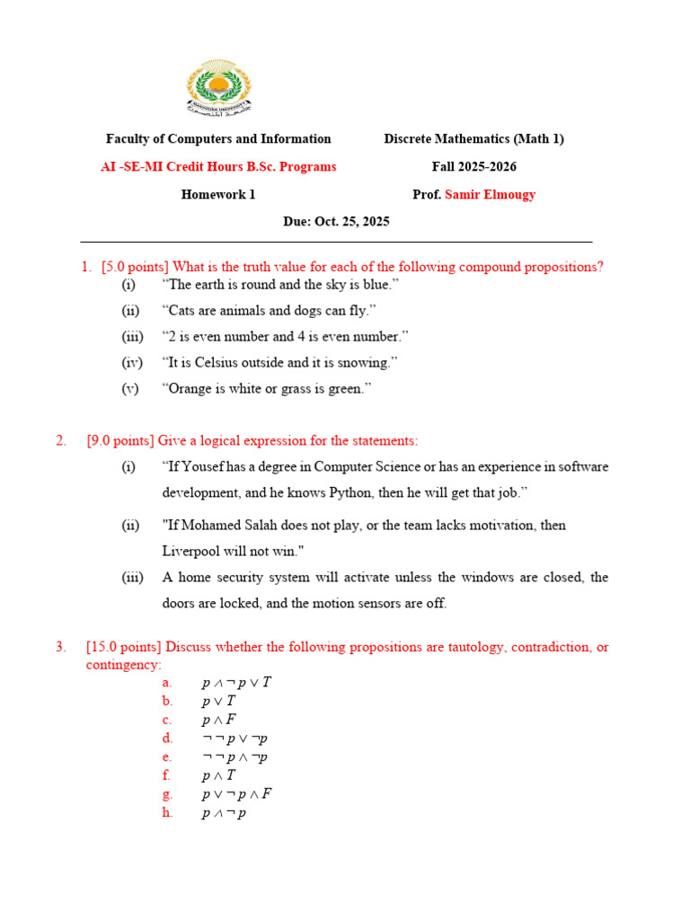 HW1 MATH1 Discrete Math F25 26 Post | PDF | Mathematical Logic | Logic