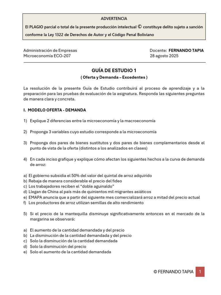 Guía de Estudio: Oferta y Demanda en Microeconomía | PDF | Excedente ...