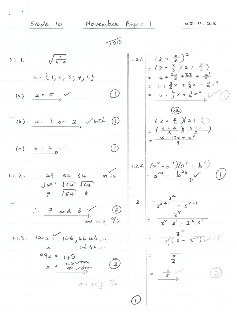 2023 Grade 10 Maths November Paper 1 Solutions | PDF