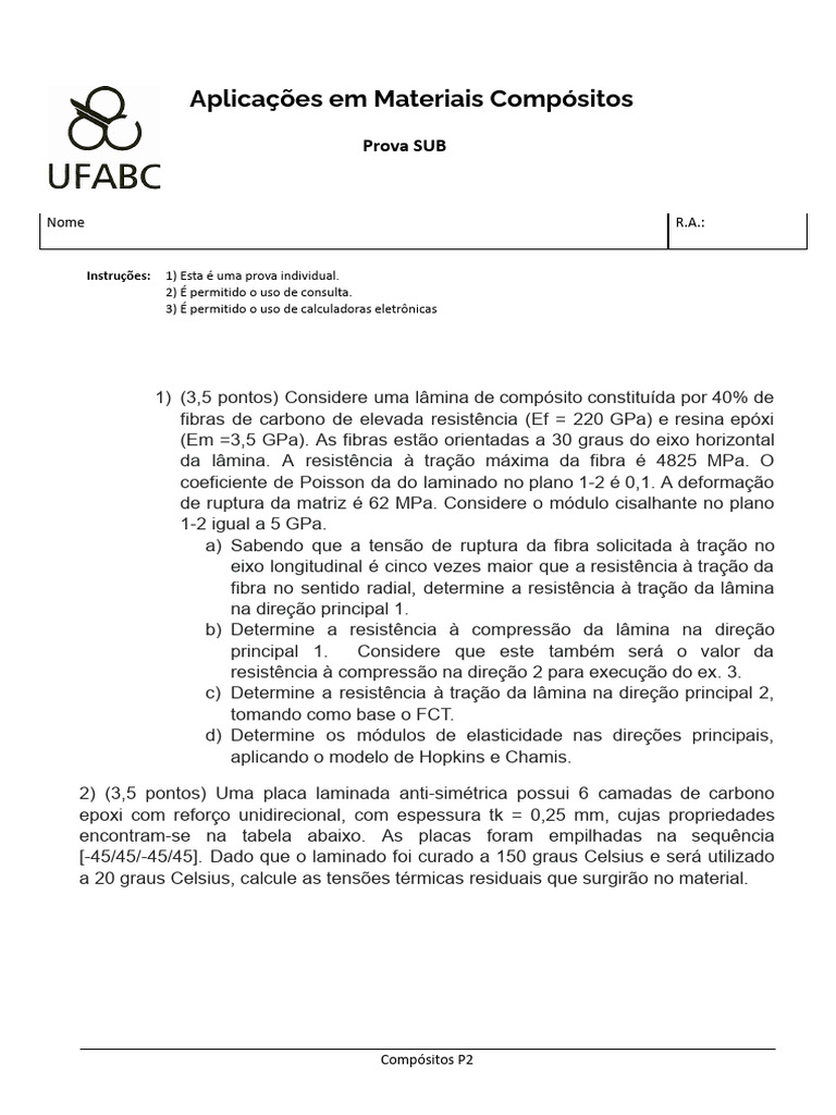 Prova sobre Materiais Compósitos | PDF | Material composto | Estresse ...