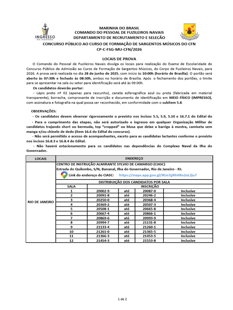 Locais de Prova para Concurso CFN 2026 | PDF