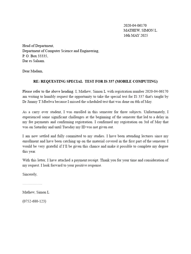 Request for Special Test in Mobile Computing | PDF