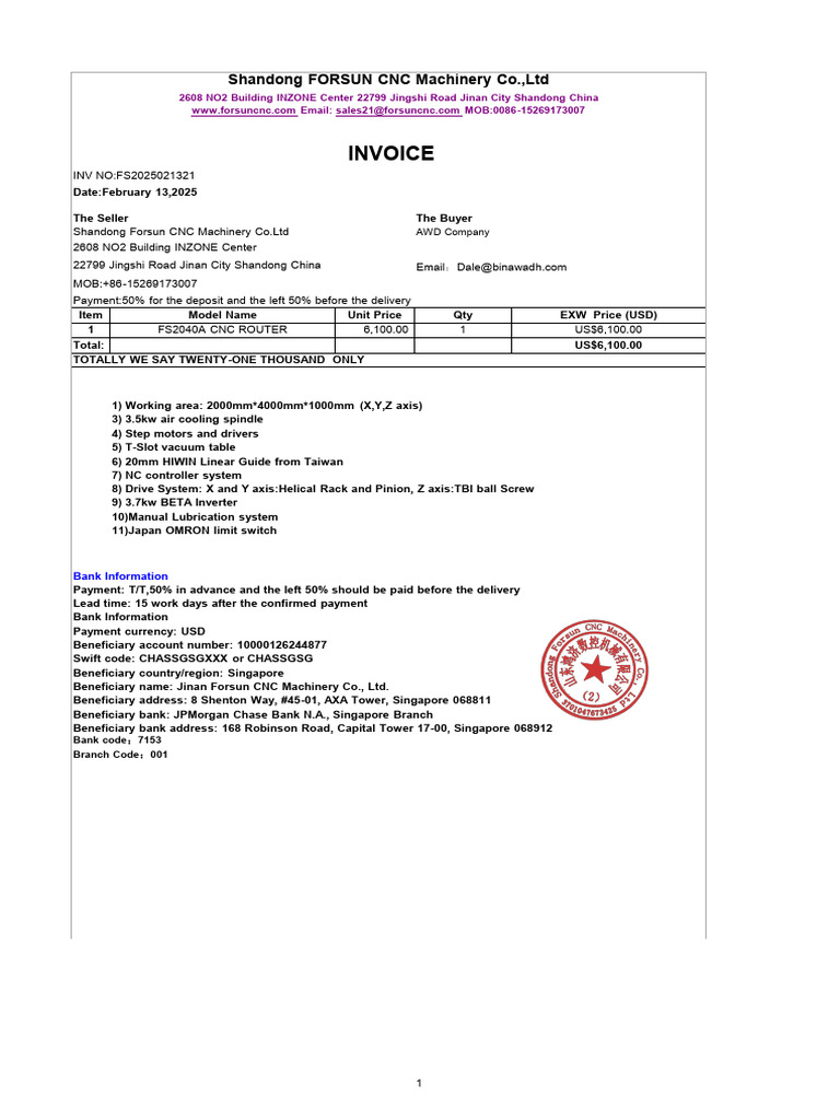 Proforma Invoice of FS2040 CNC Router Machine To AWD Company | PDF